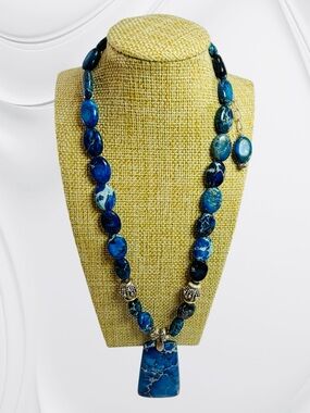 Sterling Silver 925 Sea Sediment Cobalt Blue Jasper Beaded Statement Necklace
